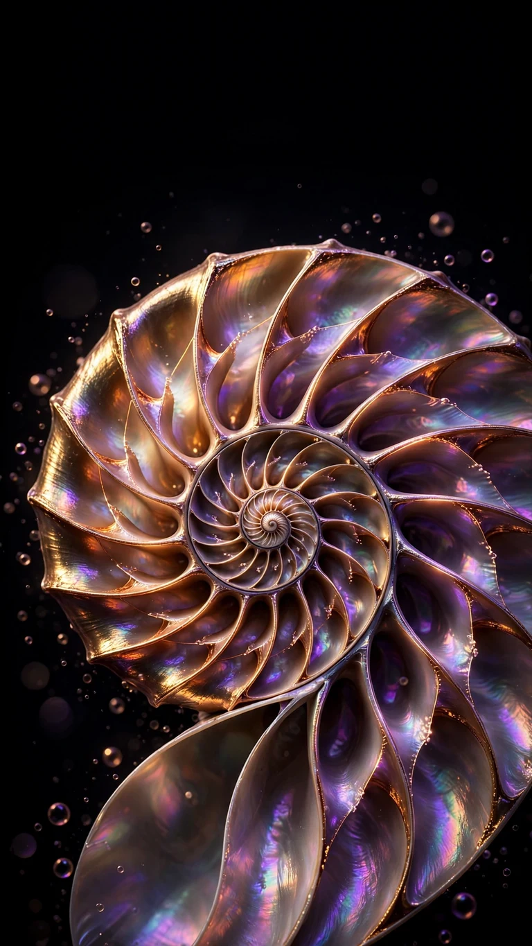 Iridescent nautilus shell spiral on black background, vertical AMOLED wallpaper