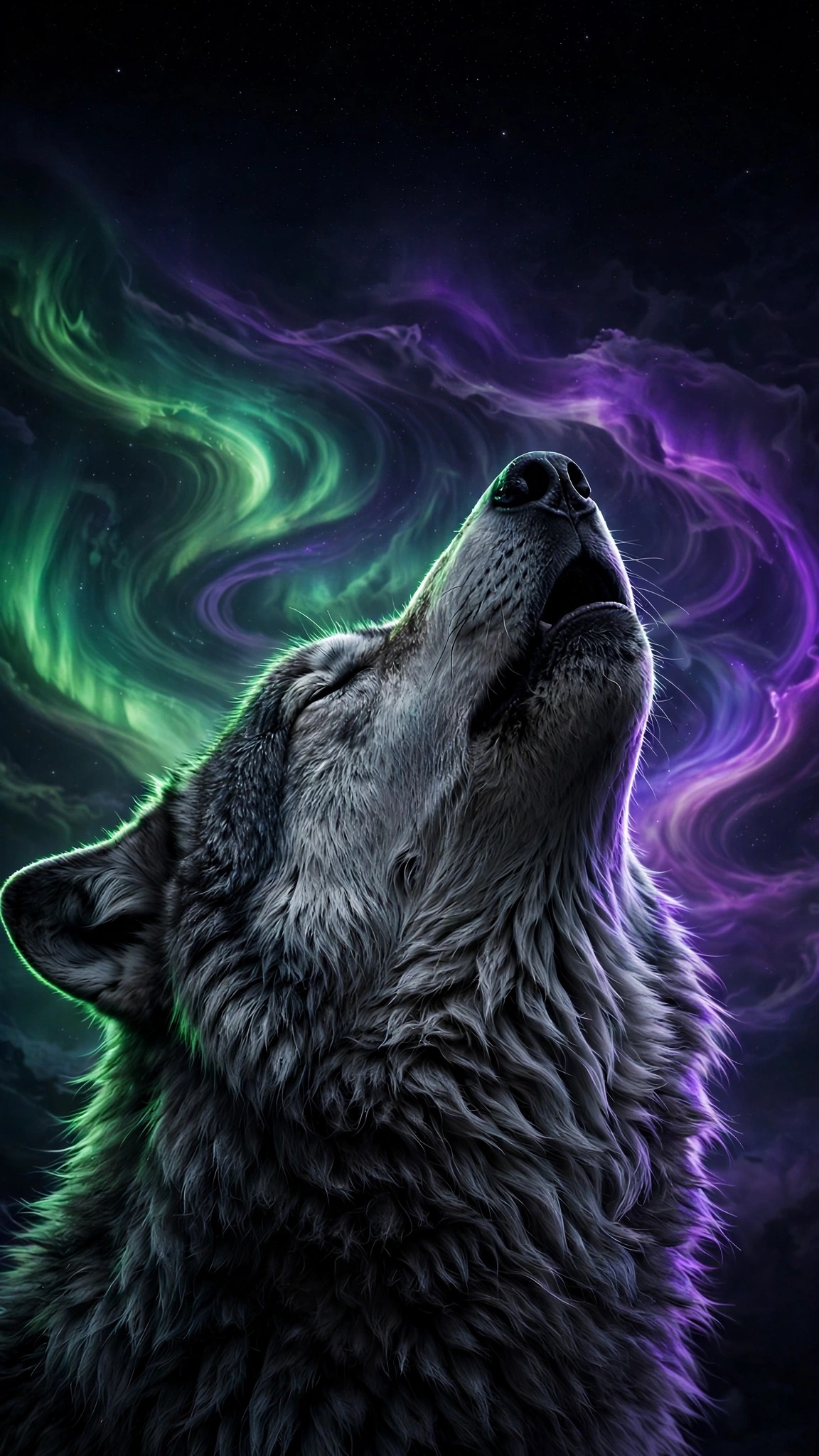 Howling wolf under green and violet aurora on black night sky, vertical AMOLED wallpaper