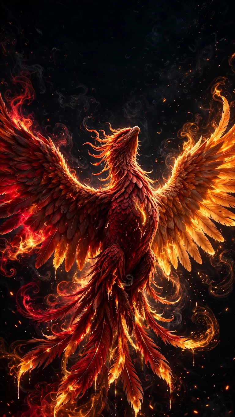 Phoenix with burning wings rising against black night, vertical AMOLED wallpaper