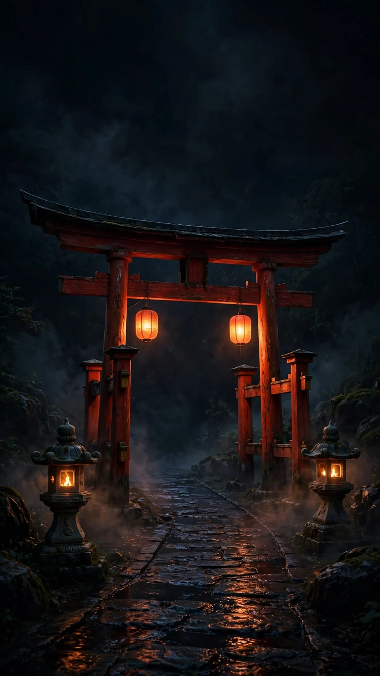 Glowing red torii gate with lanterns at night in mist, vertical AMOLED wallpaper