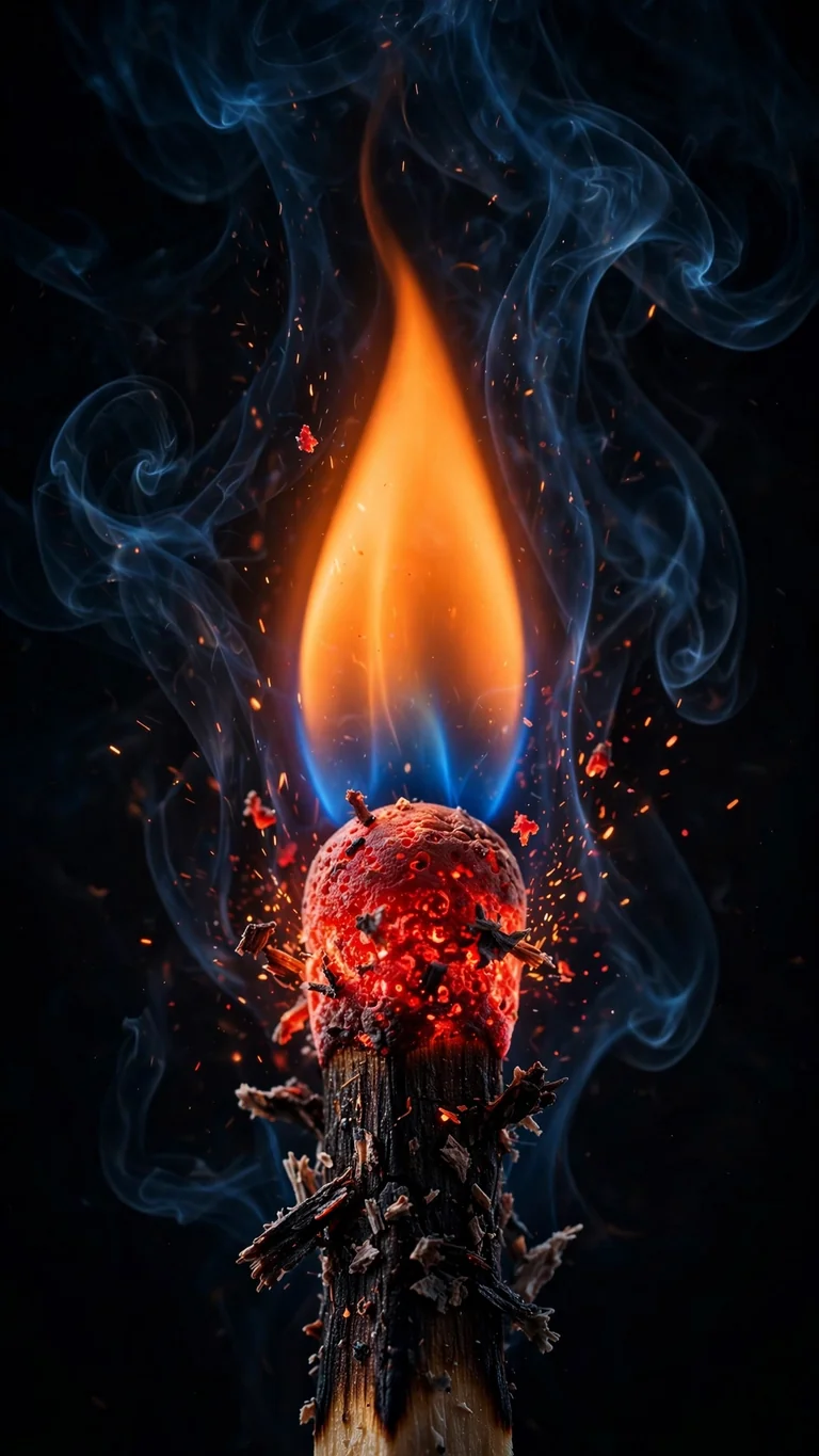 Extreme macro of a burning match flame glowing in total darkness, AMOLED phone wallpaper