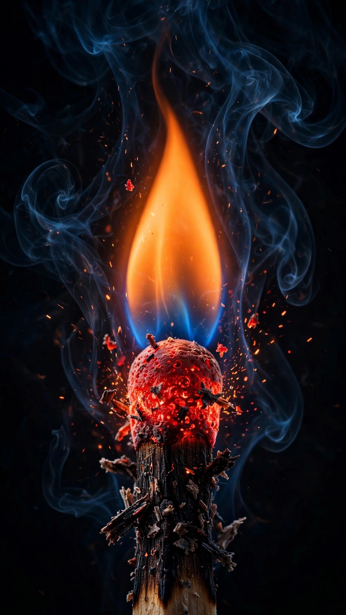 Extreme macro of a burning match flame glowing in total darkness, AMOLED phone wallpaper