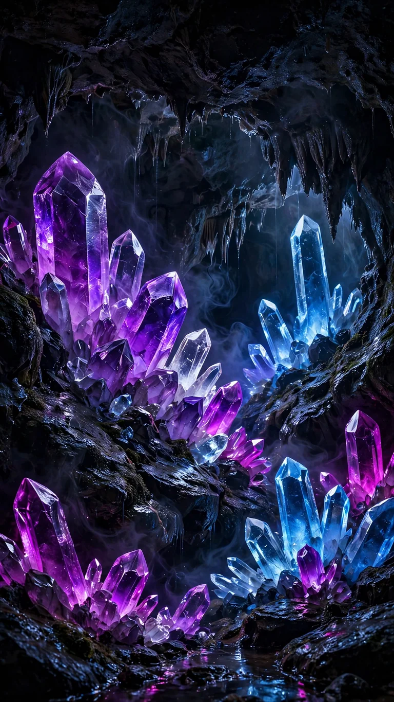 Glowing amethyst and quartz crystals in a dark underground cavern, AMOLED phone wallpaper