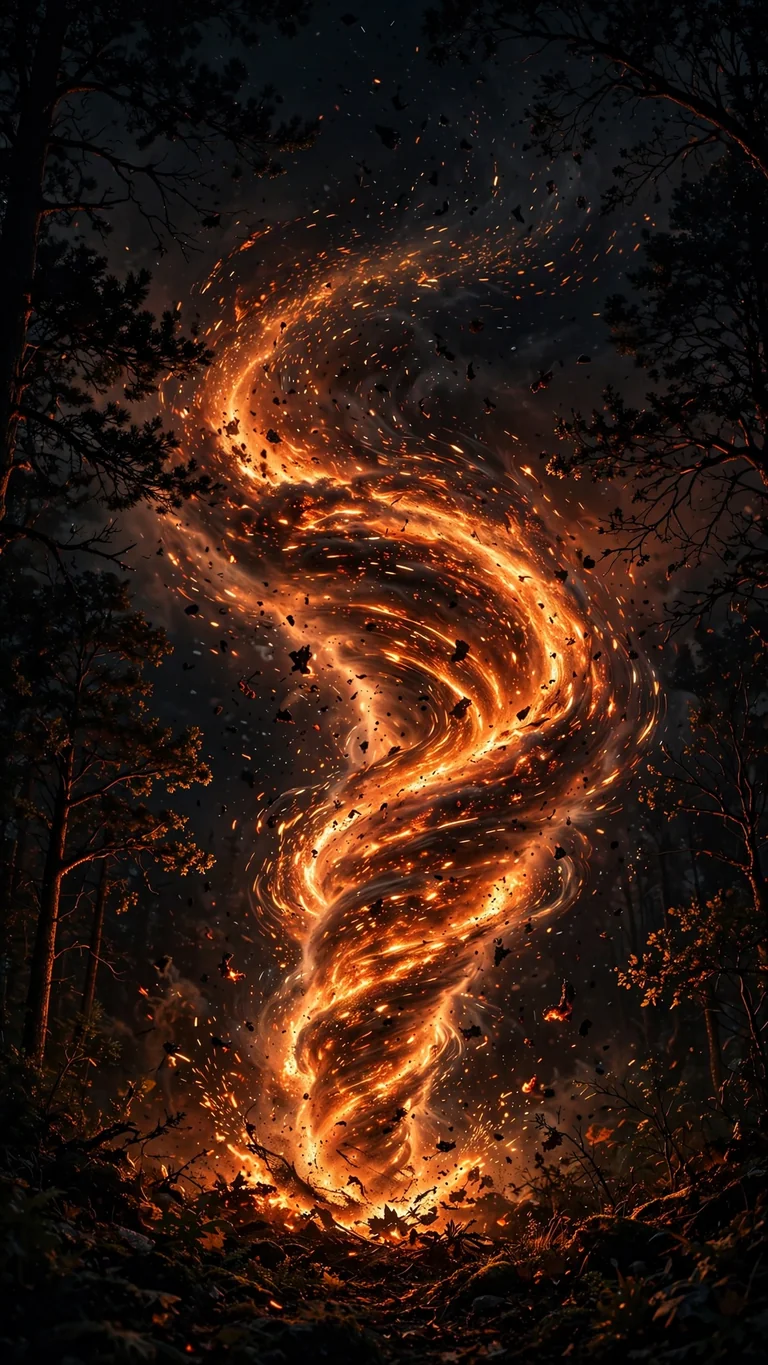 Spiraling tornado of glowing embers in a dark forest at night, AMOLED phone wallpaper