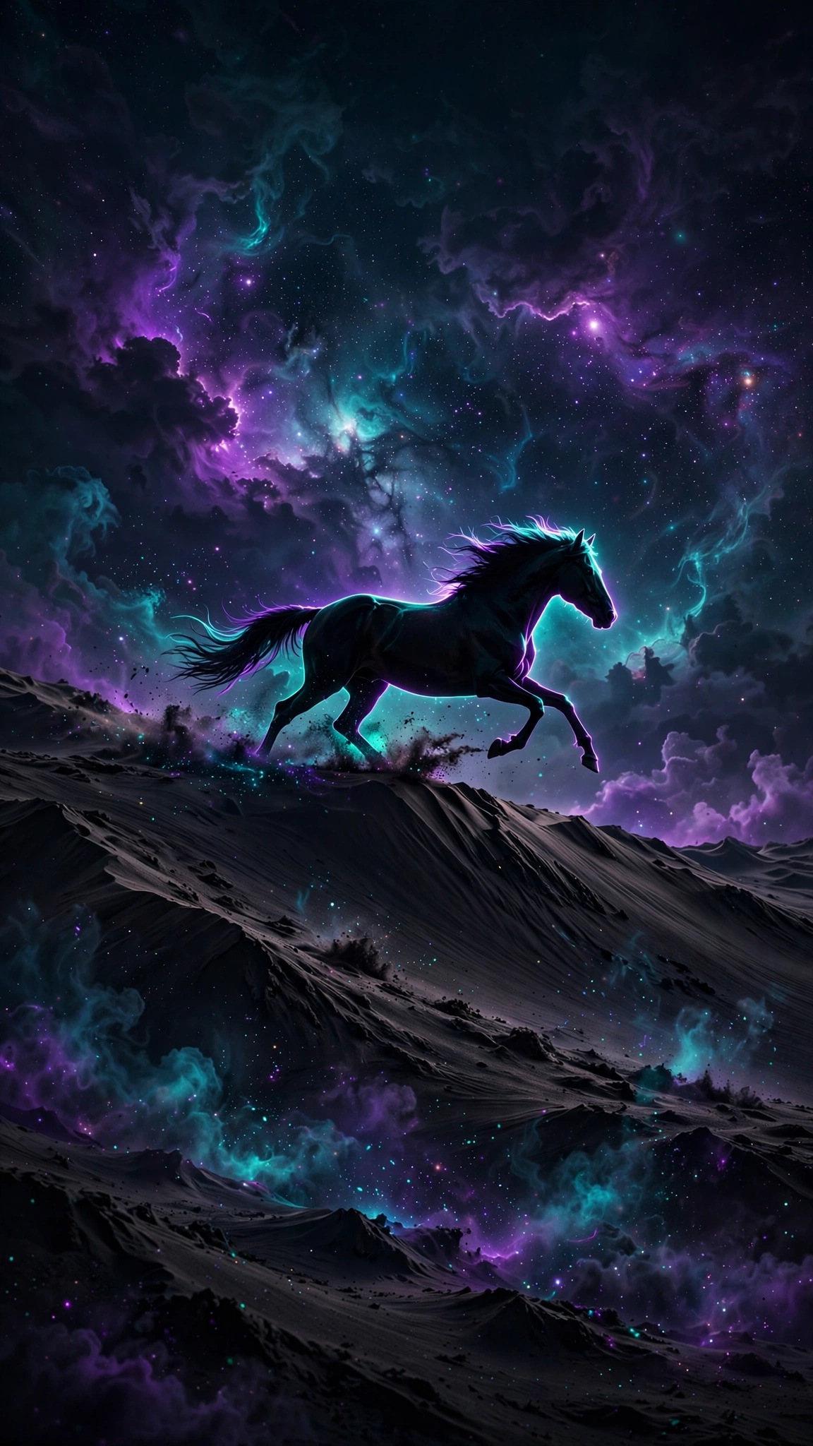 Black horse silhouette galloping under a purple teal nebula night sky, AMOLED phone wallpaper