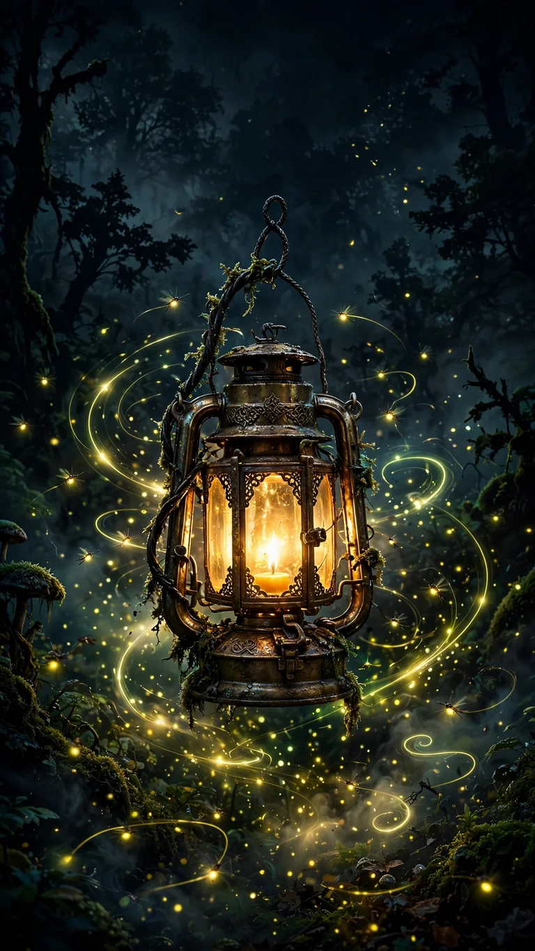 Antique lantern glowing in dark forest with swirling firefly light trails, AMOLED phone wallpaper