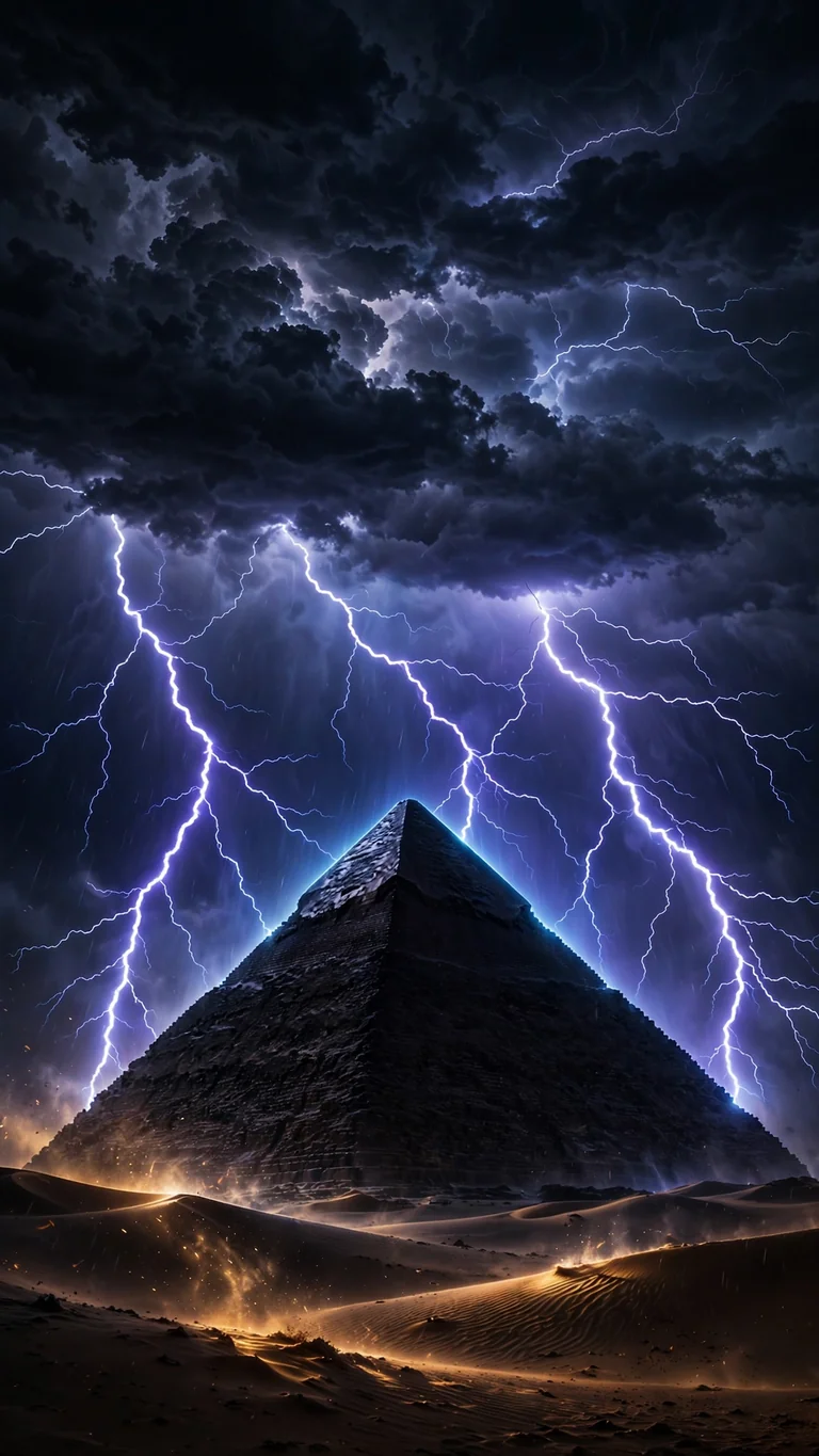 Lightning storm striking behind a black desert pyramid silhouette at night, AMOLED phone wallpaper