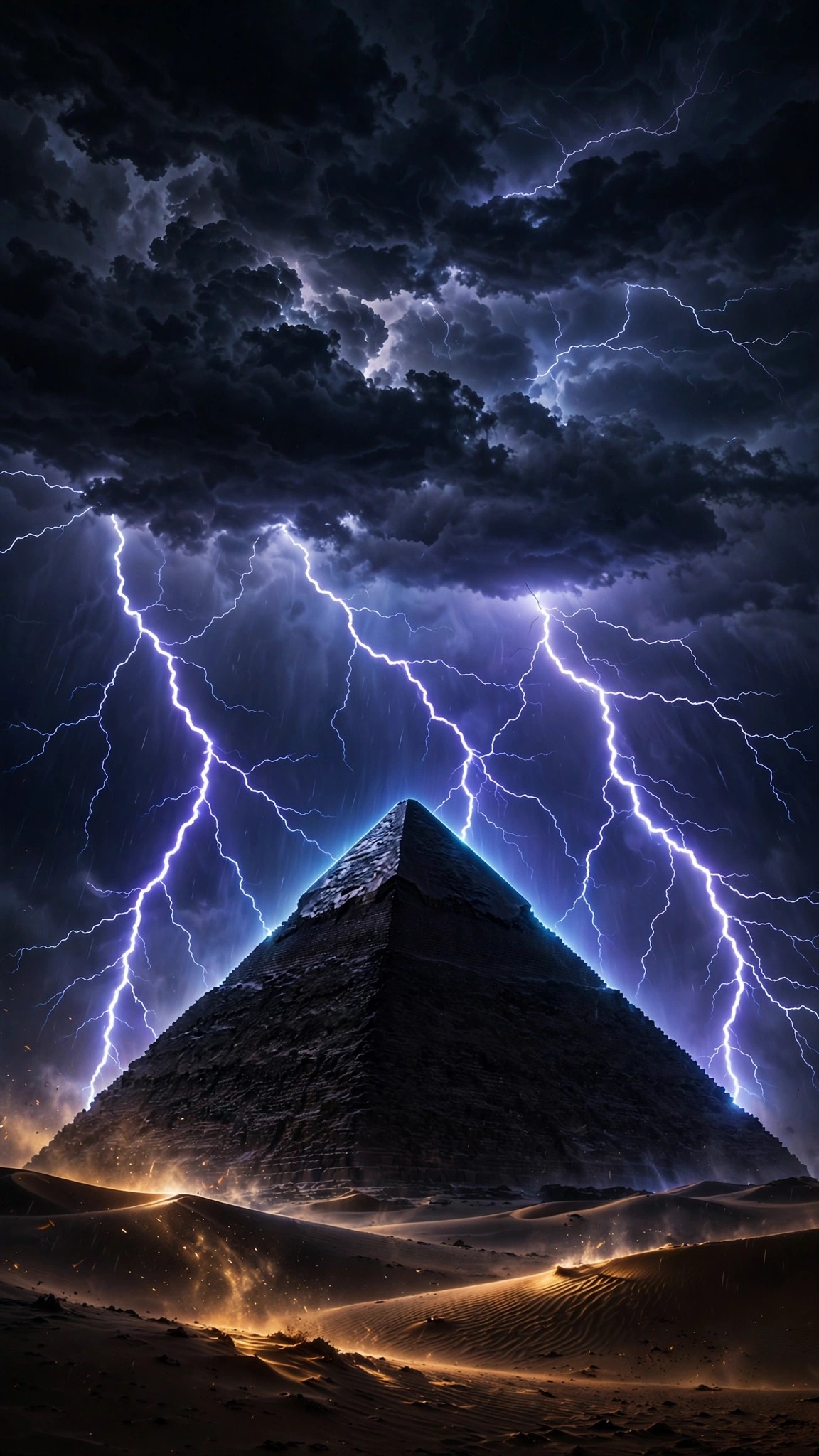 Lightning storm striking behind a black desert pyramid silhouette at night, AMOLED phone wallpaper