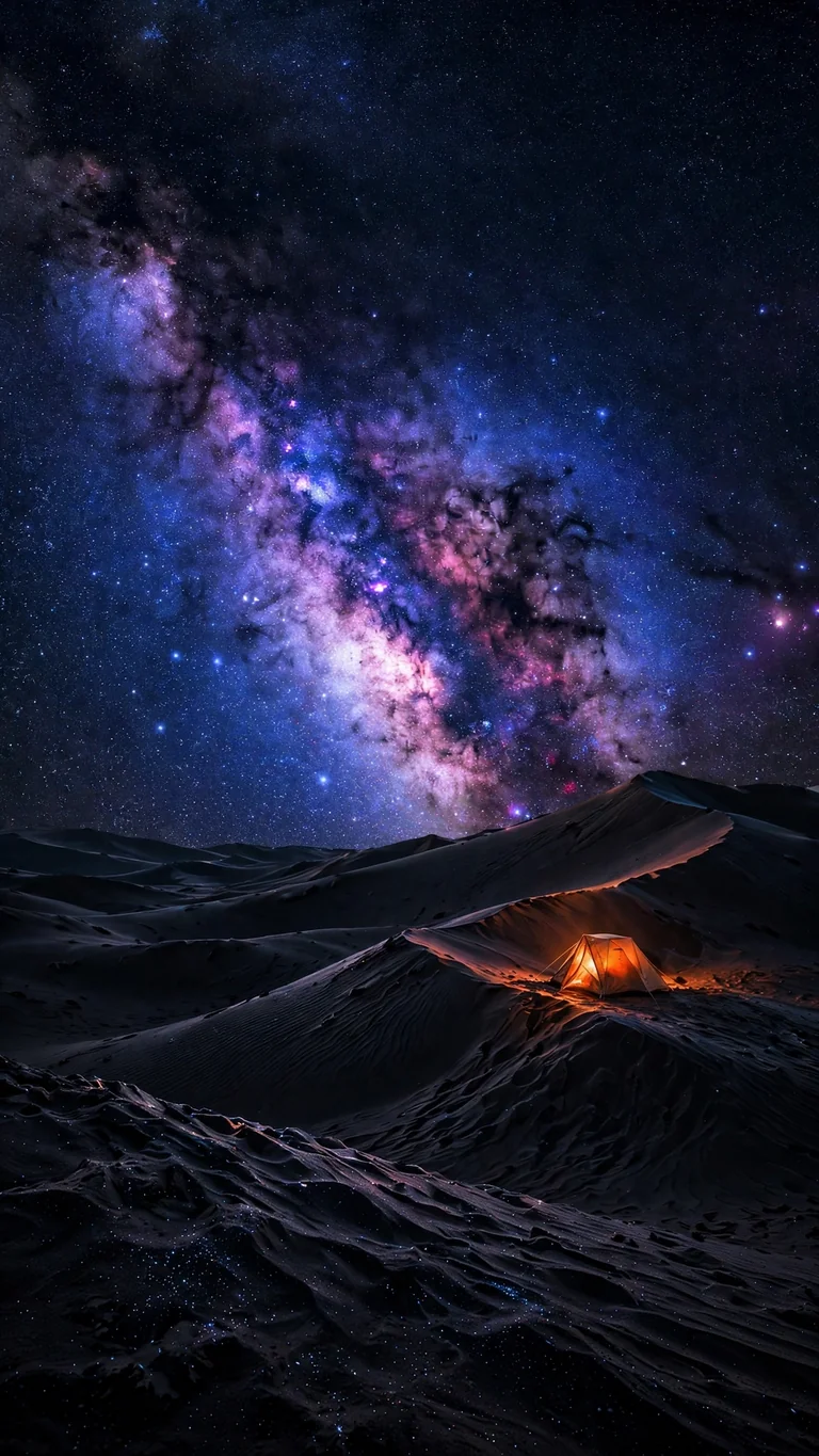 Milky Way galaxy over black desert dunes with a glowing camp tent, AMOLED phone wallpaper