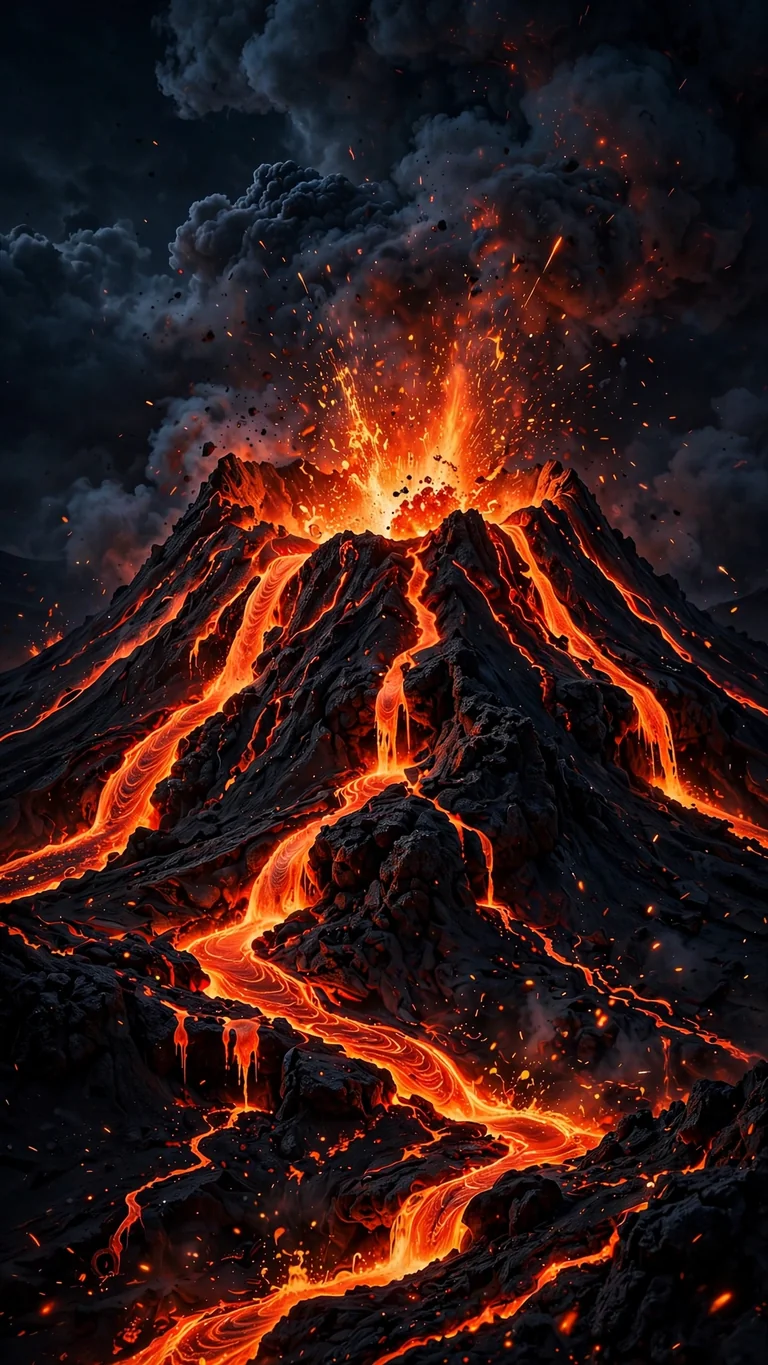 Volcano erupting at night with glowing lava rivers on black rock, dramatic AMOLED phone wallpaper
