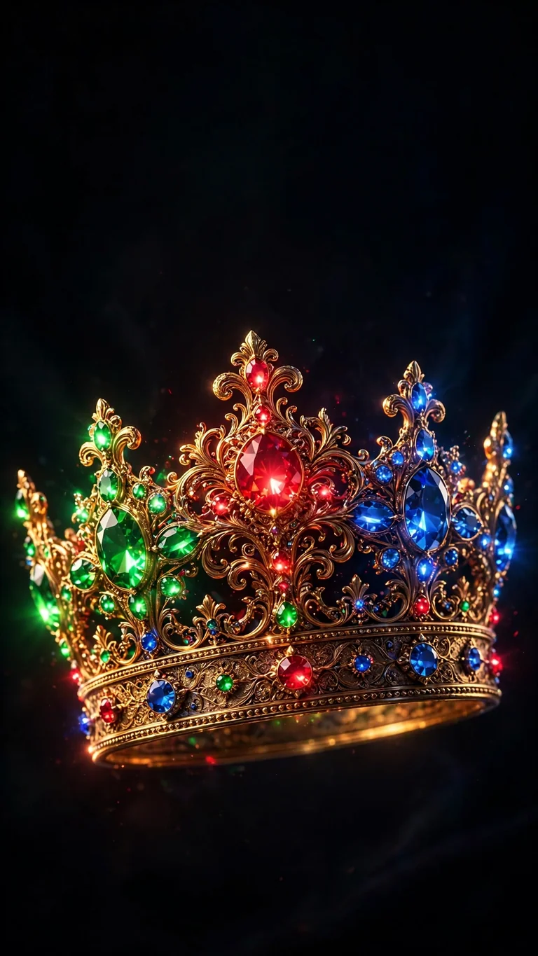 Golden crown with glowing ruby emerald and sapphire gems floating in darkness, AMOLED wallpaper