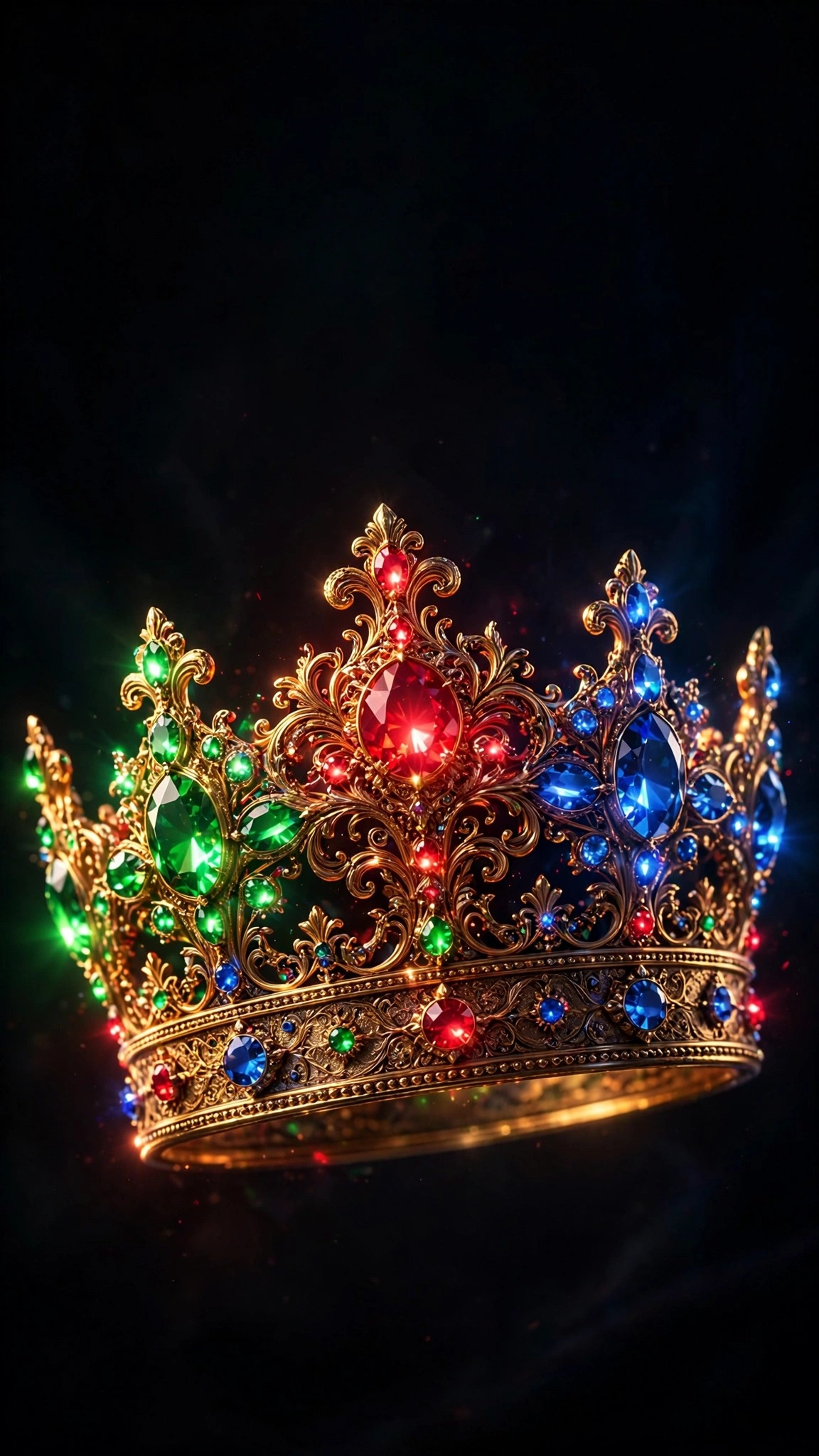 Golden crown with glowing ruby emerald and sapphire gems floating in darkness, AMOLED wallpaper