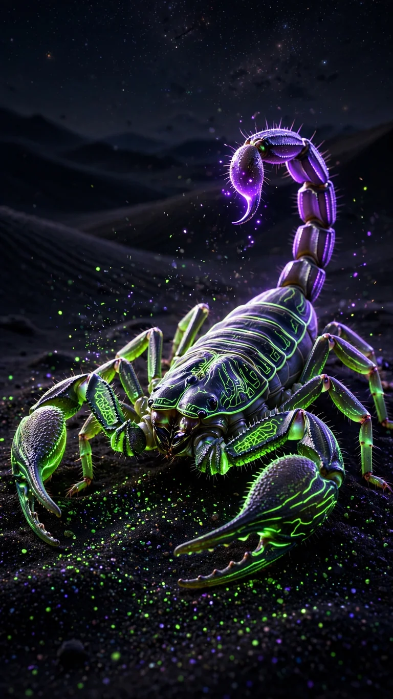 Bioluminescent neon scorpion glowing on black desert sand at night, AMOLED phone wallpaper