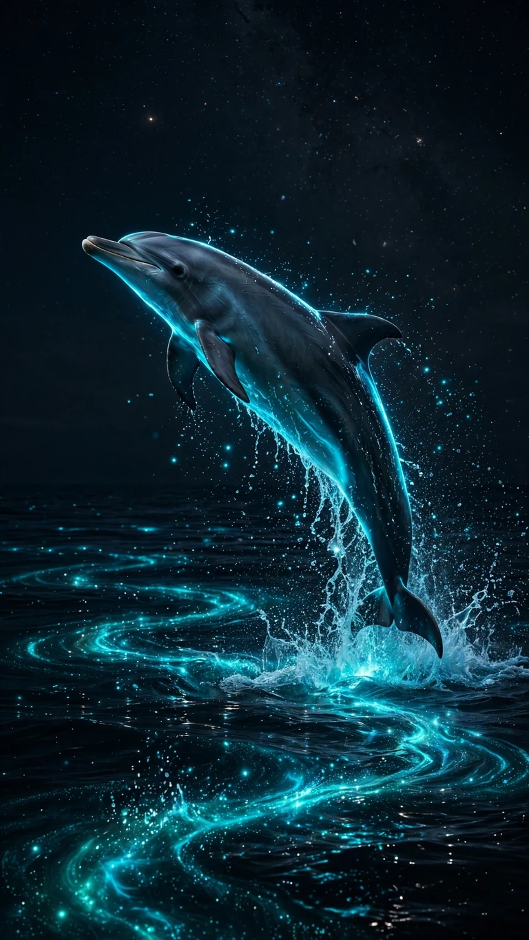 Dolphin leaping with bioluminescent cyan glow over black ocean, AMOLED phone wallpaper
