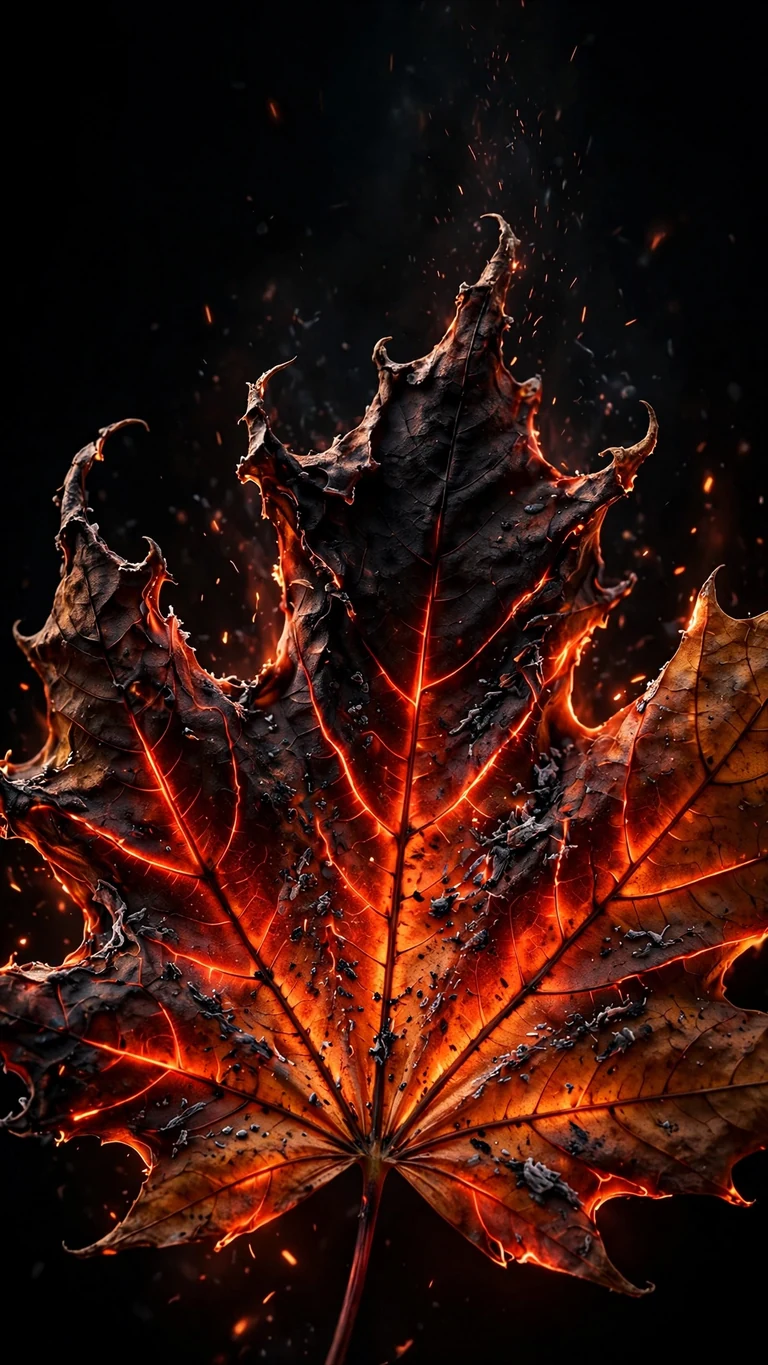 Burning maple leaf with glowing ember veins on black, AMOLED phone wallpaper