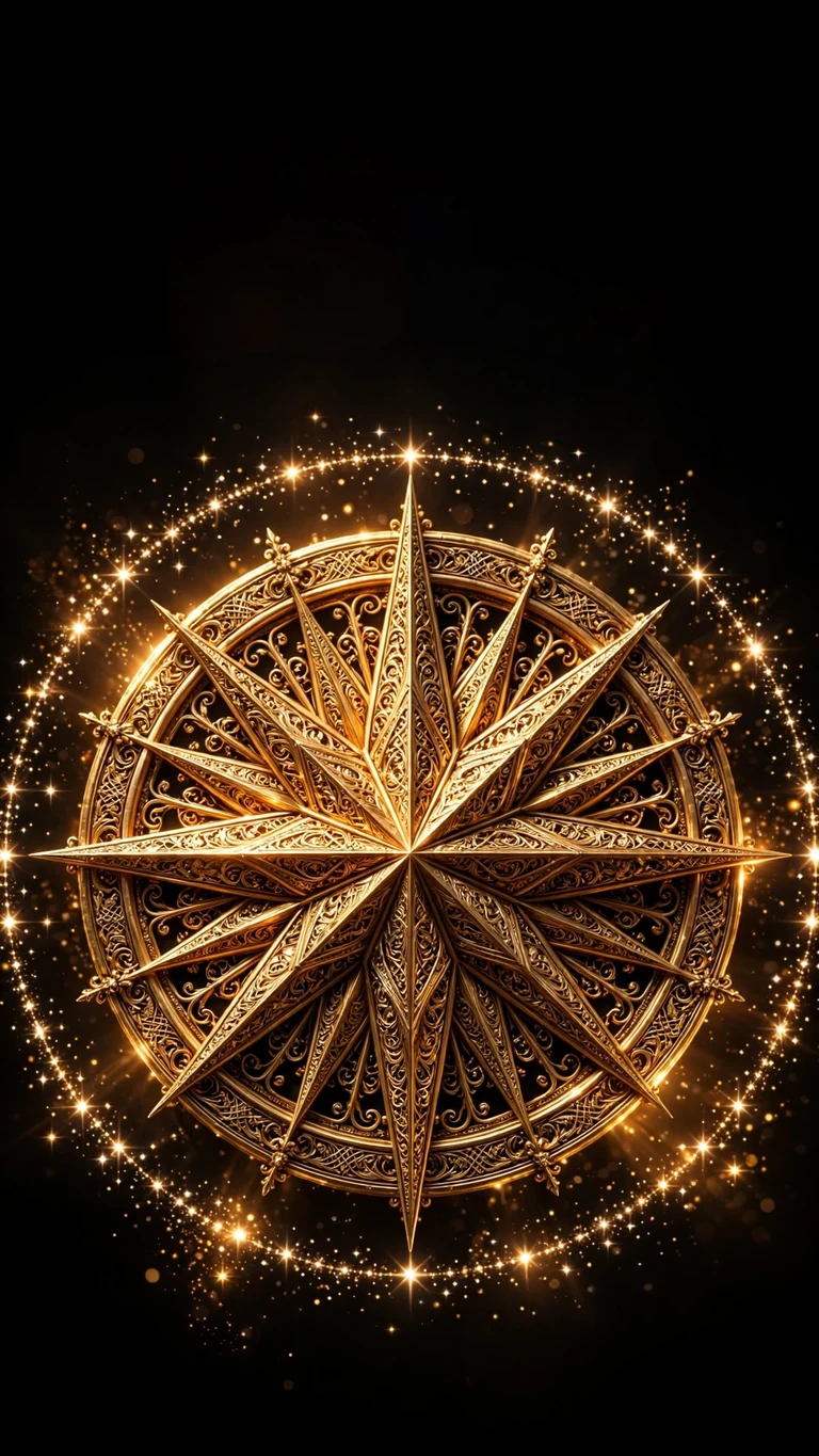 Golden compass rose glowing among stars on black, AMOLED phone wallpaper
