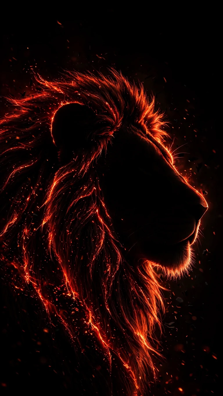 Lion silhouette with glowing ember mane on black, AMOLED phone wallpaper