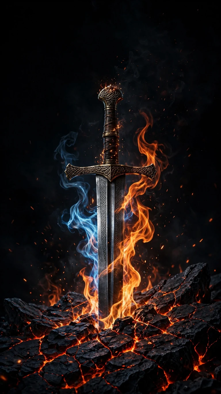 Flaming sword in black stone with ember cracks, AMOLED phone wallpaper