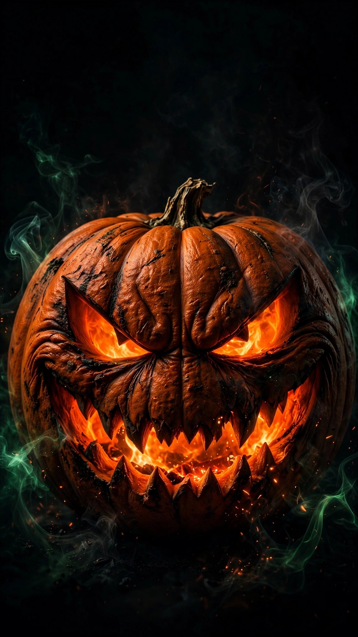 Halloween jack-o-lantern with blazing grin on black, AMOLED phone wallpaper