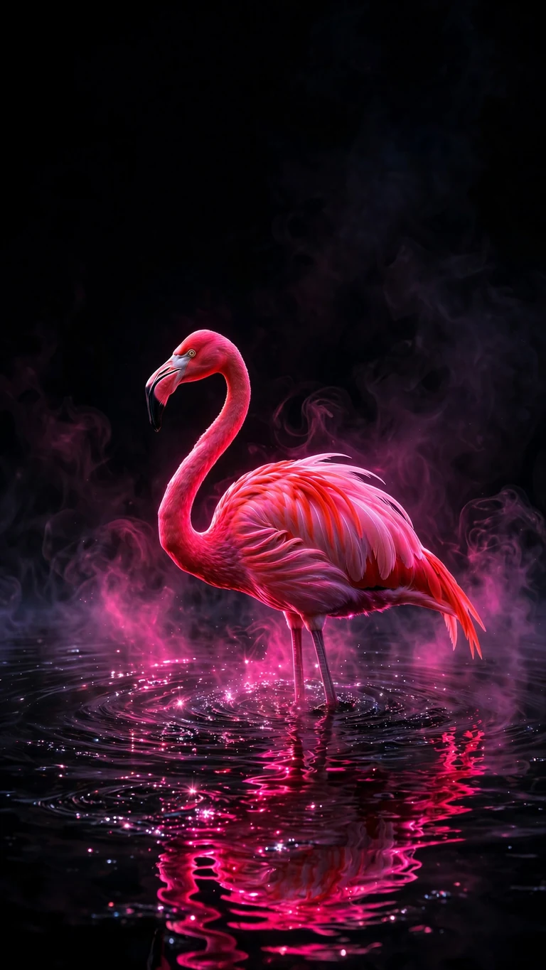 Flamingo glowing pink neon in black night pond, AMOLED phone wallpaper