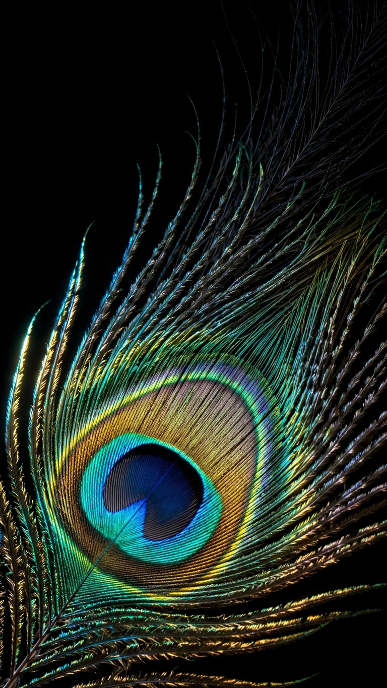 Iridescent peacock feather macro glowing teal and gold on black, AMOLED phone wallpaper