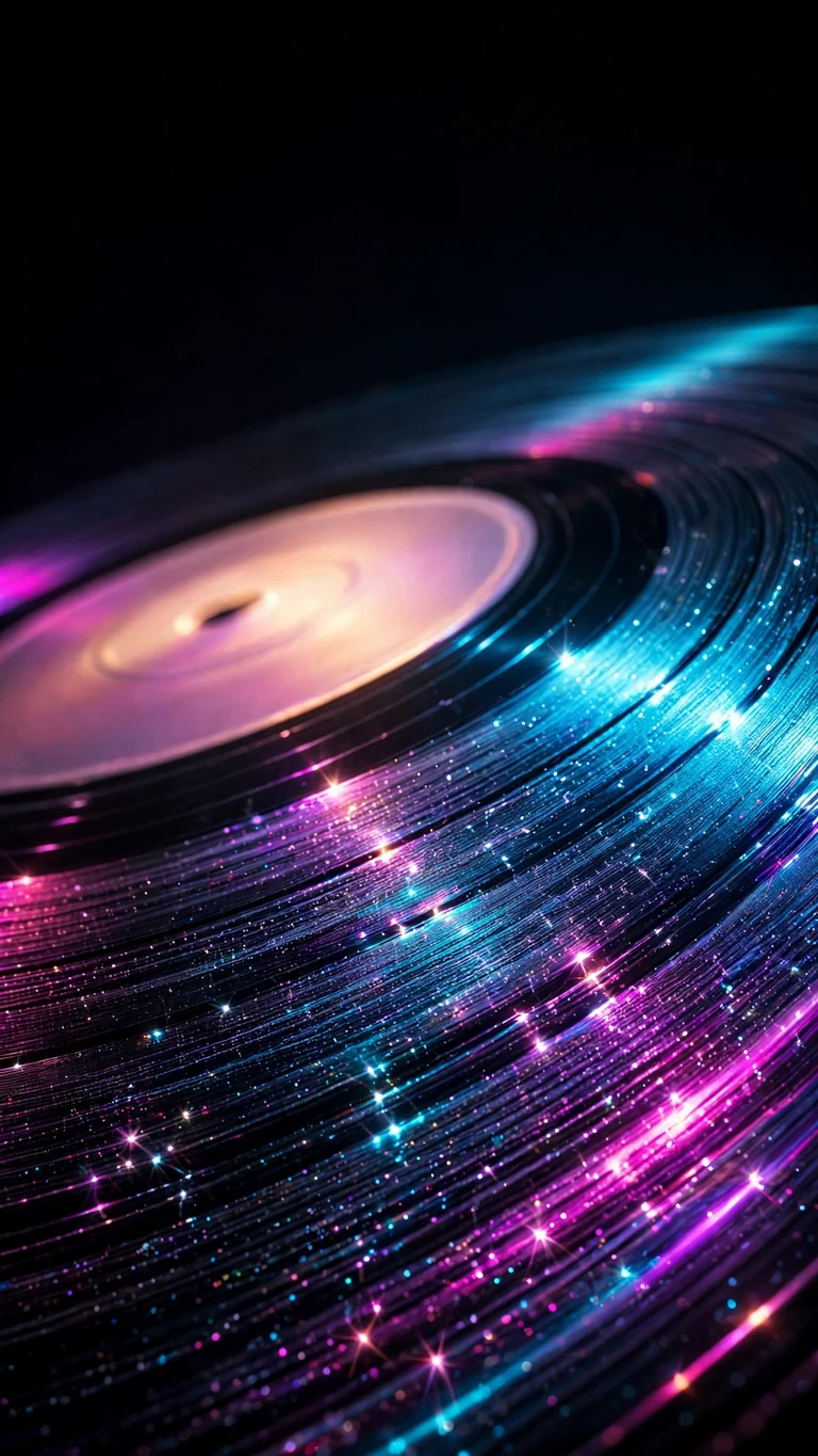 Vinyl record with neon cyan magenta groove glow on black, AMOLED phone wallpaper
