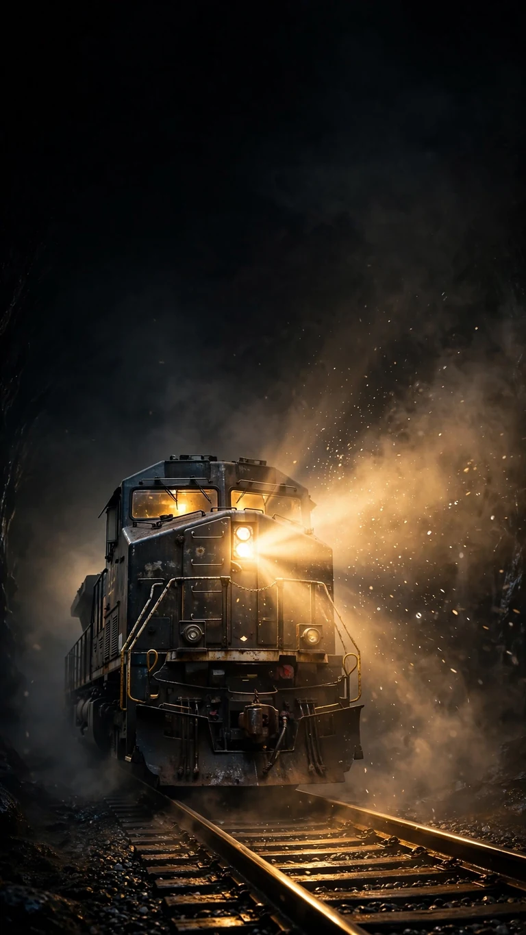 Night train headlight beam in black tunnel fog, AMOLED phone wallpaper