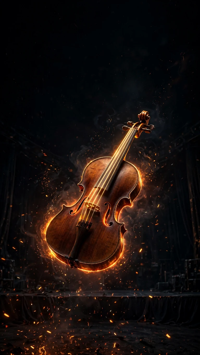 Violin with glowing golden strings above a dark stage, vertical AMOLED wallpaper