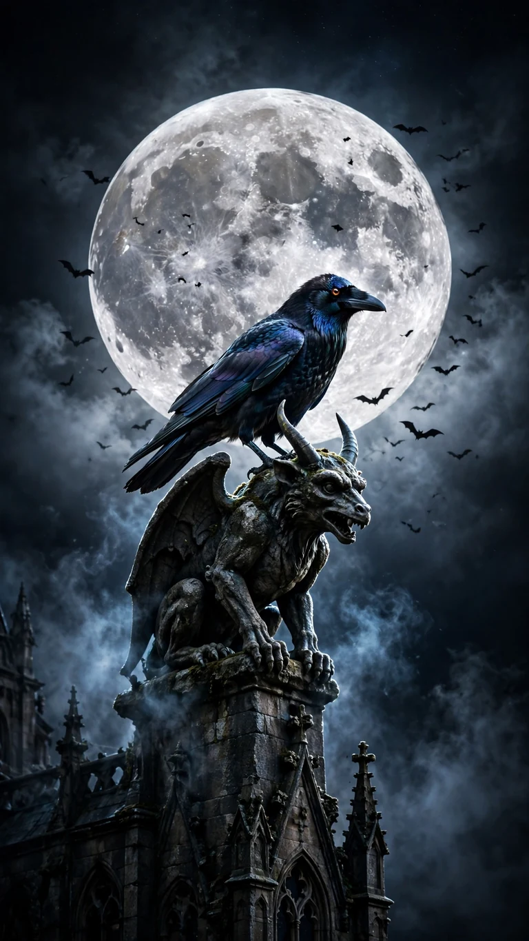 Gargoyle and crow with glowing eyes under a full moon, vertical AMOLED Halloween wallpaper