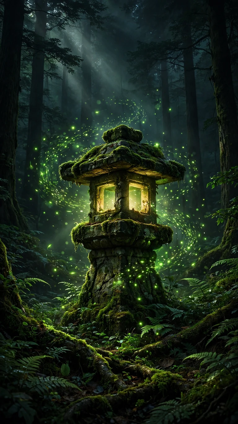 Moss-covered stone lantern with glowing fireflies in a dark forest, vertical AMOLED wallpaper