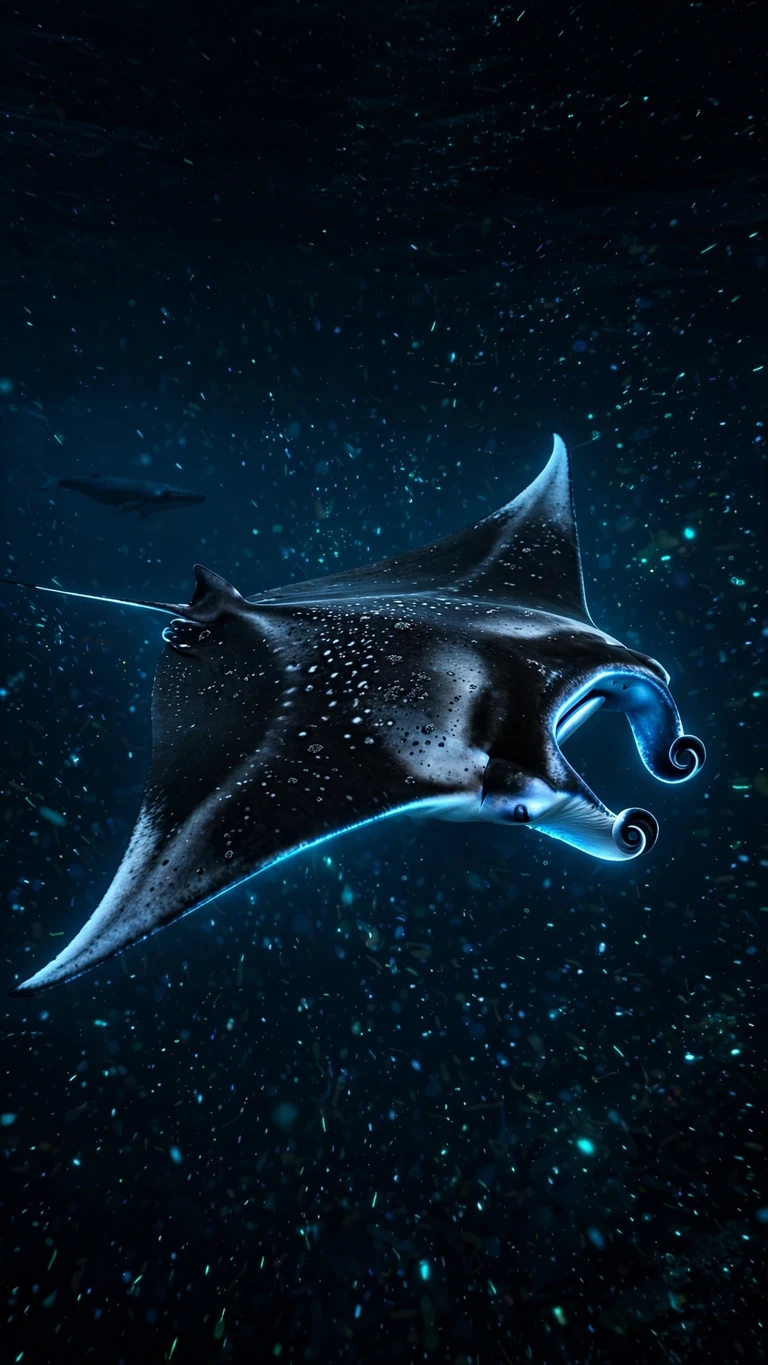 Manta ray with glowing blue edges in a dark deep ocean, vertical AMOLED wallpaper
