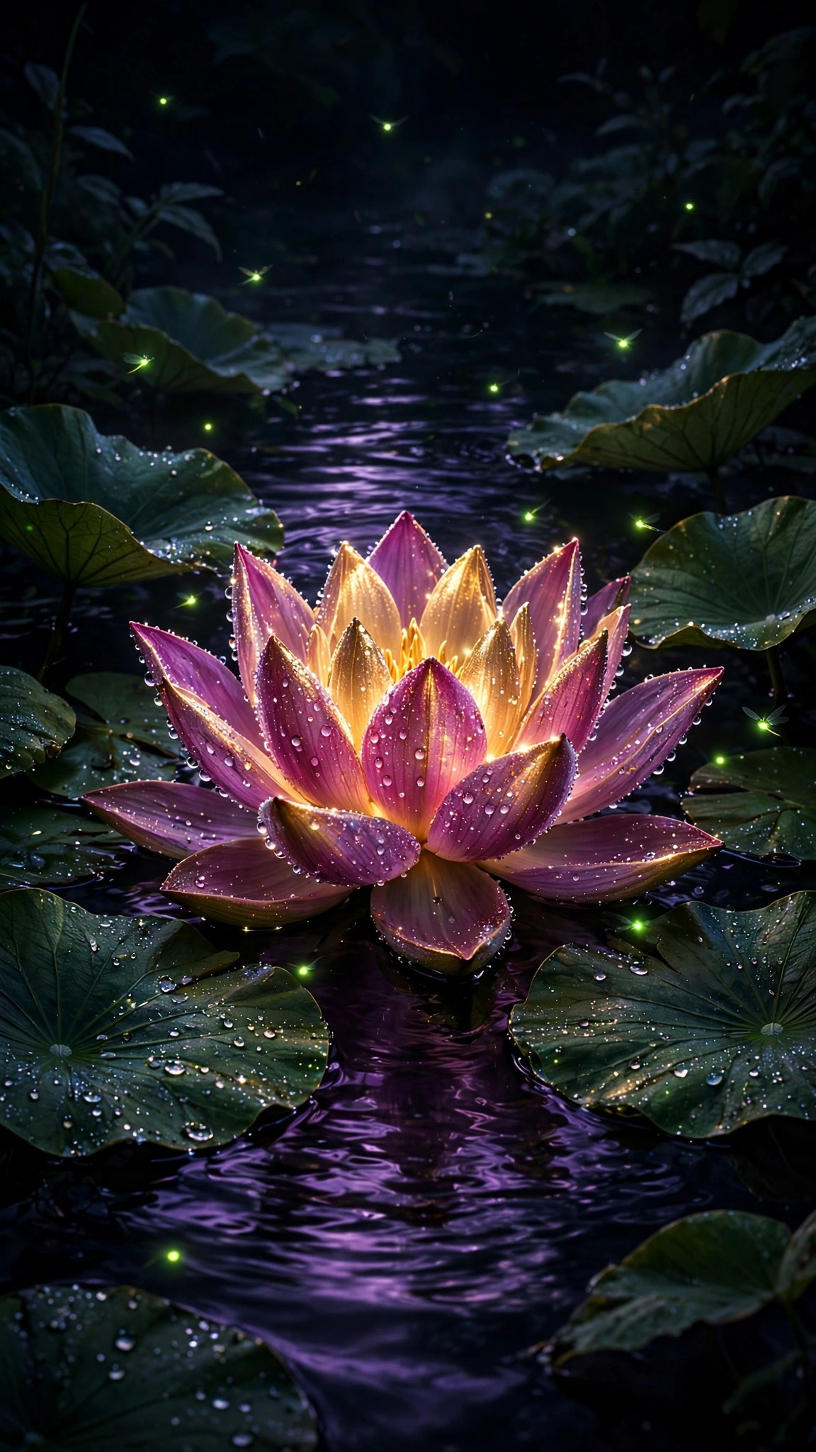Glowing magenta and gold lotus flower on black water at night, vertical AMOLED wallpaper
