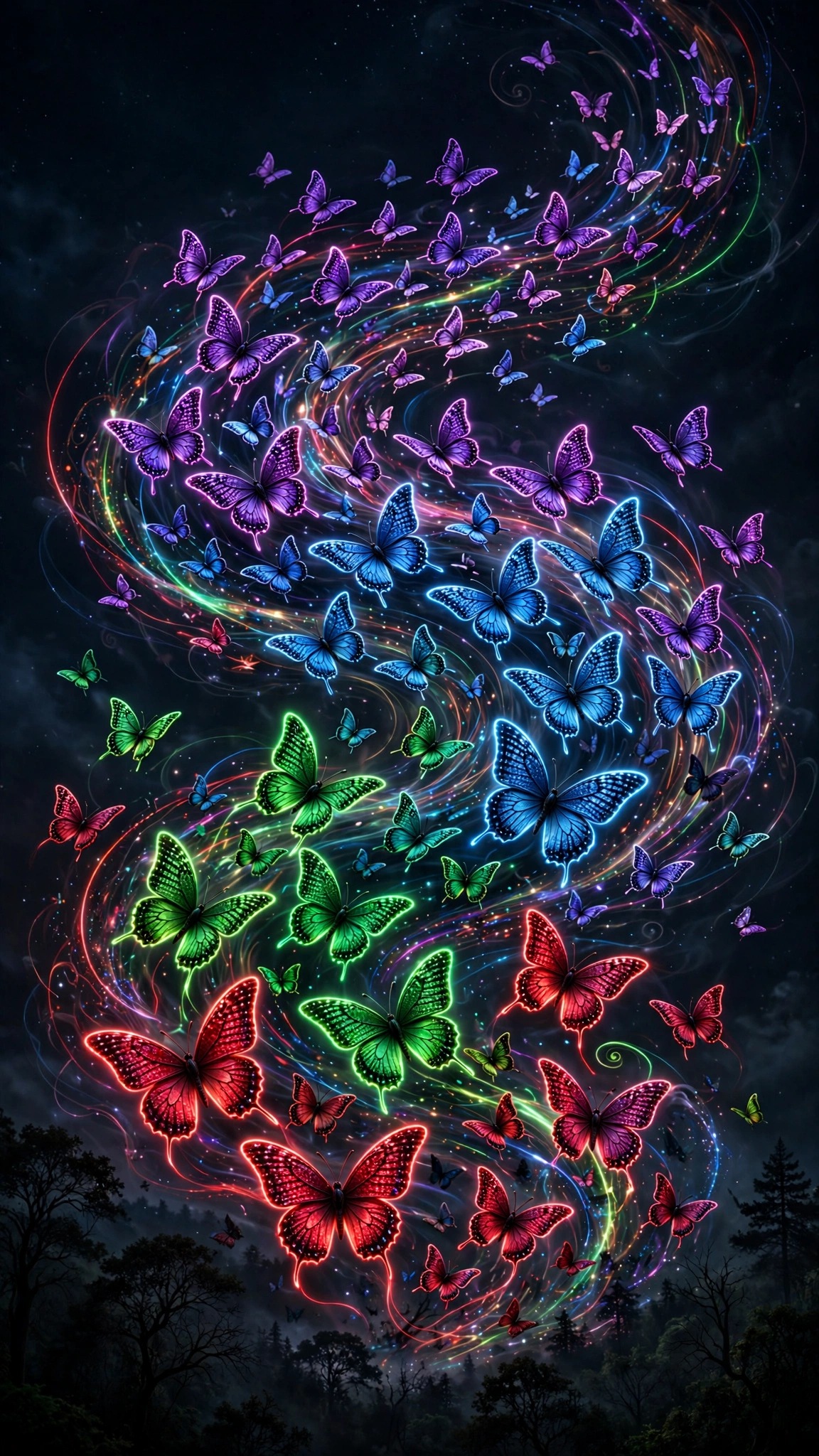 Swarm of glowing neon butterflies spiraling through the night sky, vertical AMOLED wallpaper