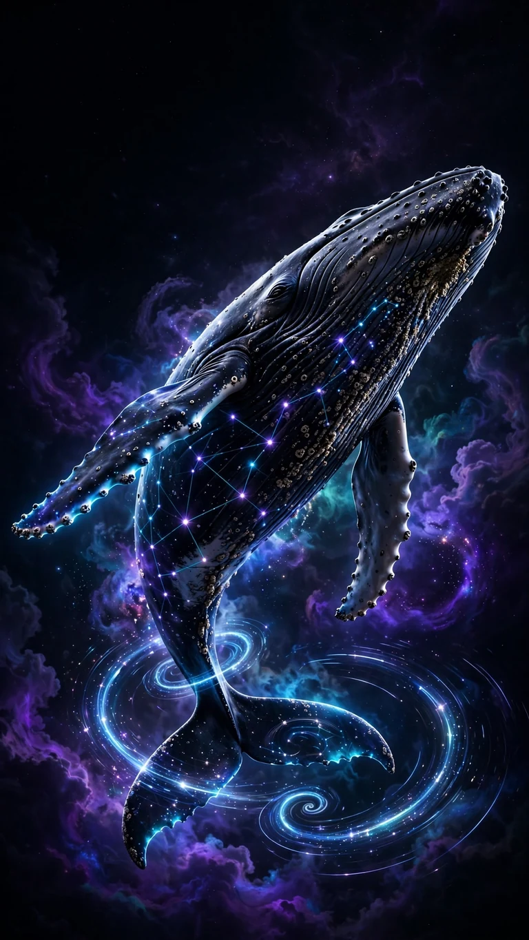 Humpback whale glowing with constellations in a cosmic void, vertical AMOLED wallpaper