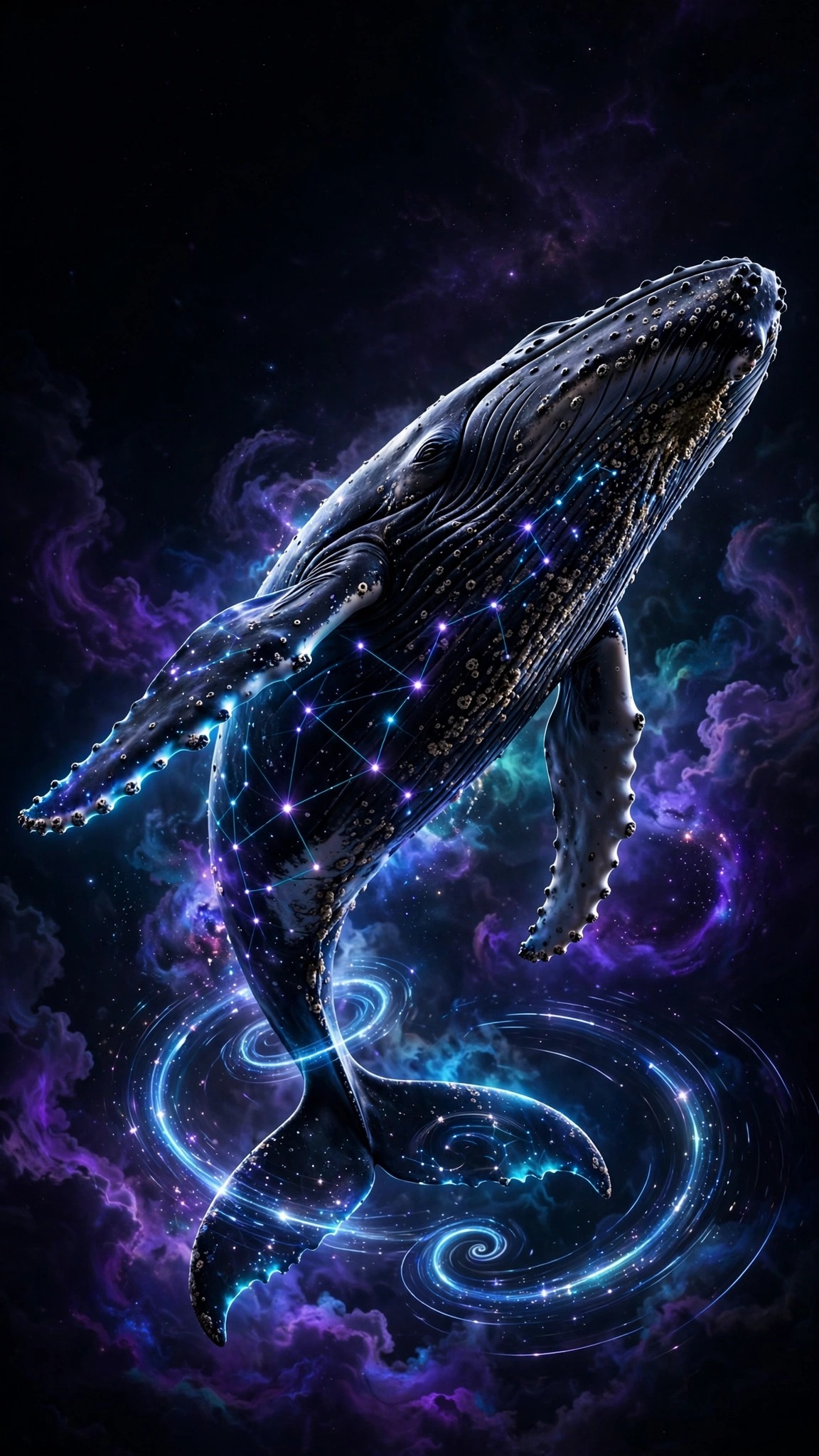 Humpback whale glowing with constellations in a cosmic void, vertical AMOLED wallpaper