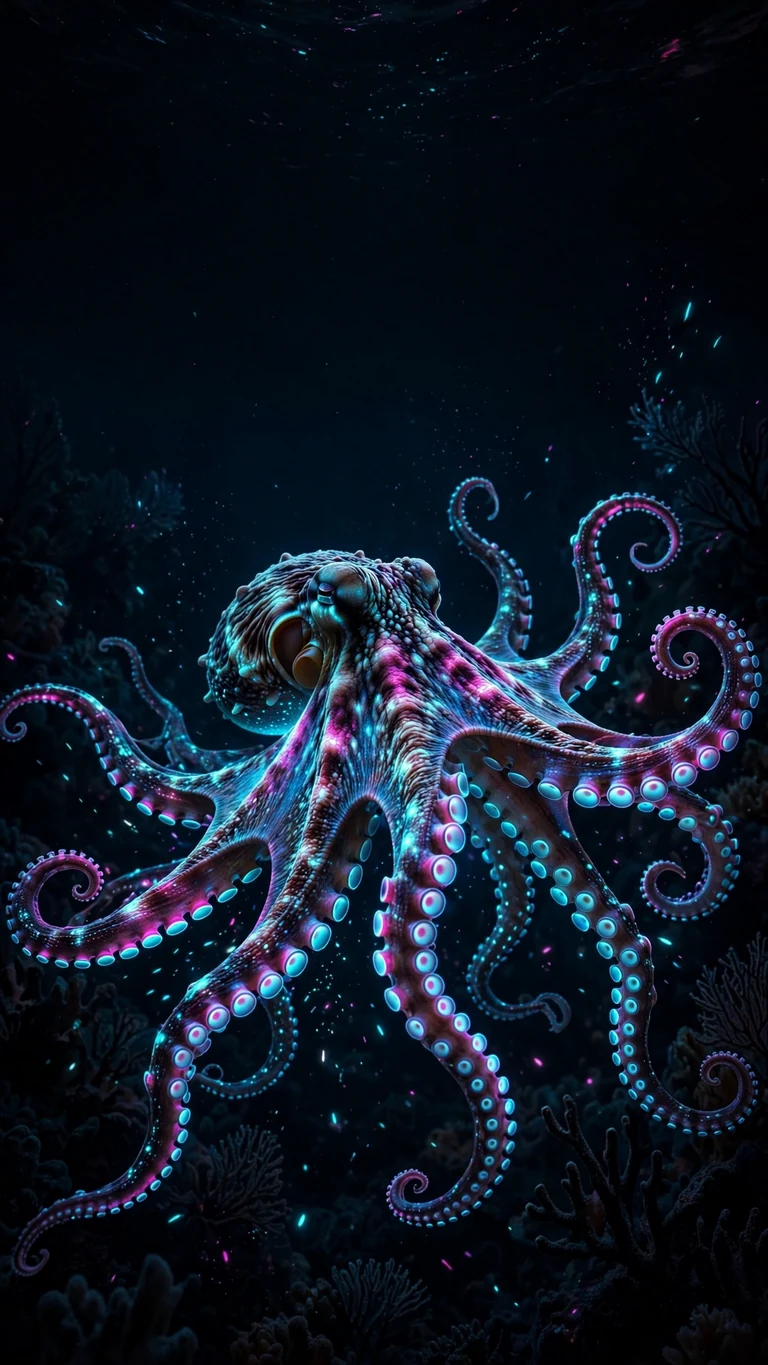 Bioluminescent octopus with glowing cyan and magenta tentacles, vertical AMOLED wallpaper