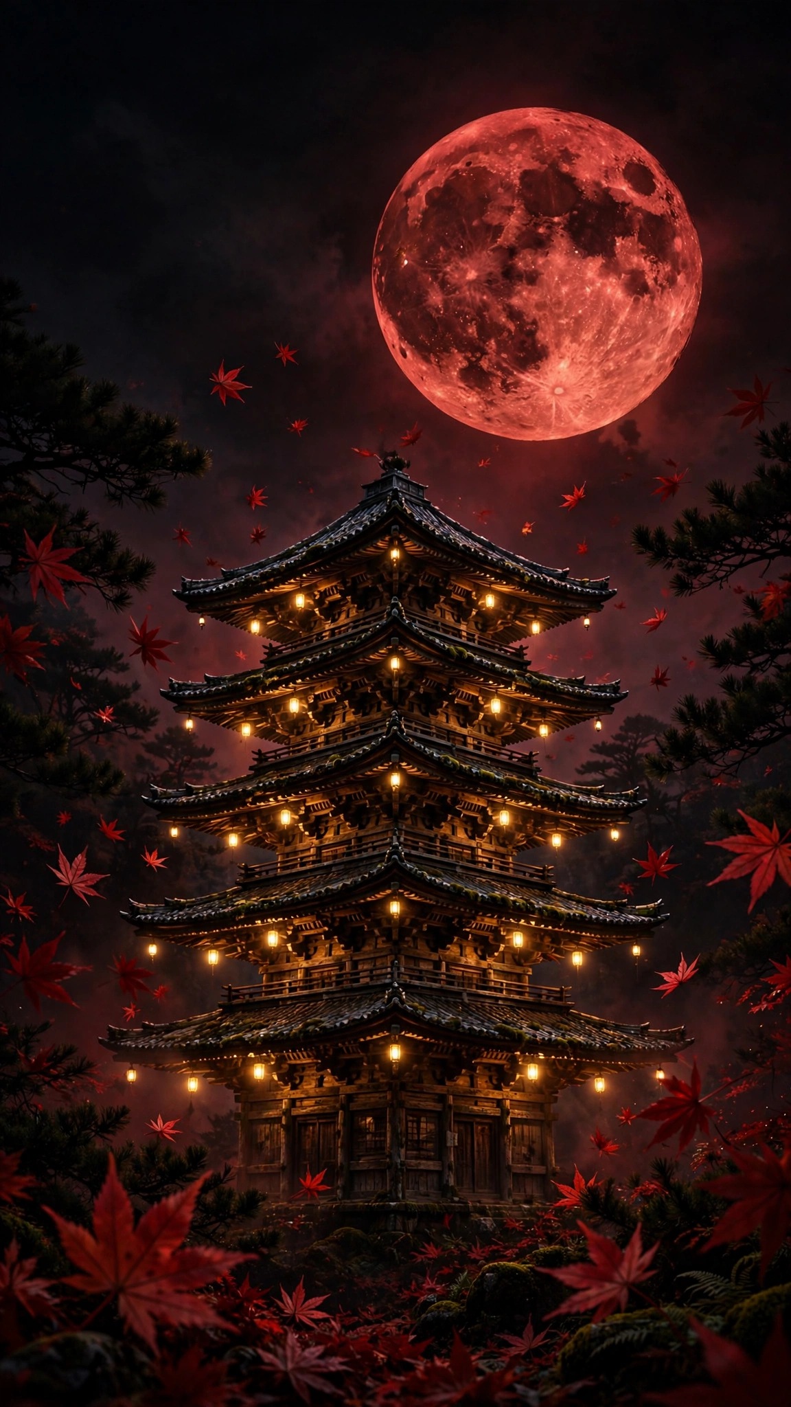 Japanese pagoda with lanterns under a crimson blood moon, vertical AMOLED wallpaper