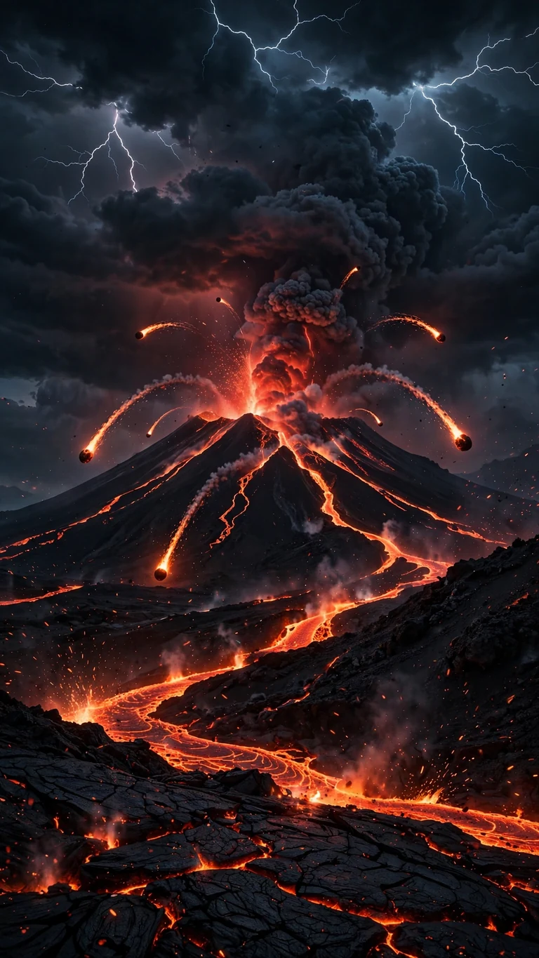 Volcano eruption with lightning and glowing lava at night, vertical AMOLED wallpaper