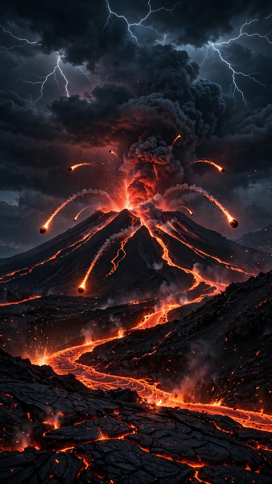 Volcano eruption with lightning and glowing lava at night, vertical AMOLED wallpaper