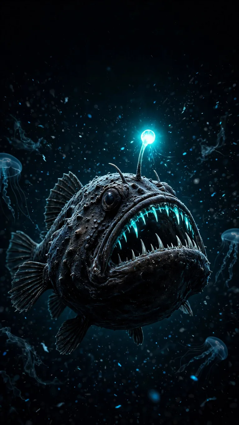 Anglerfish Abyss - deep-sea anglerfish with glowing lure in black ocean abyss, AMOLED wallpaper