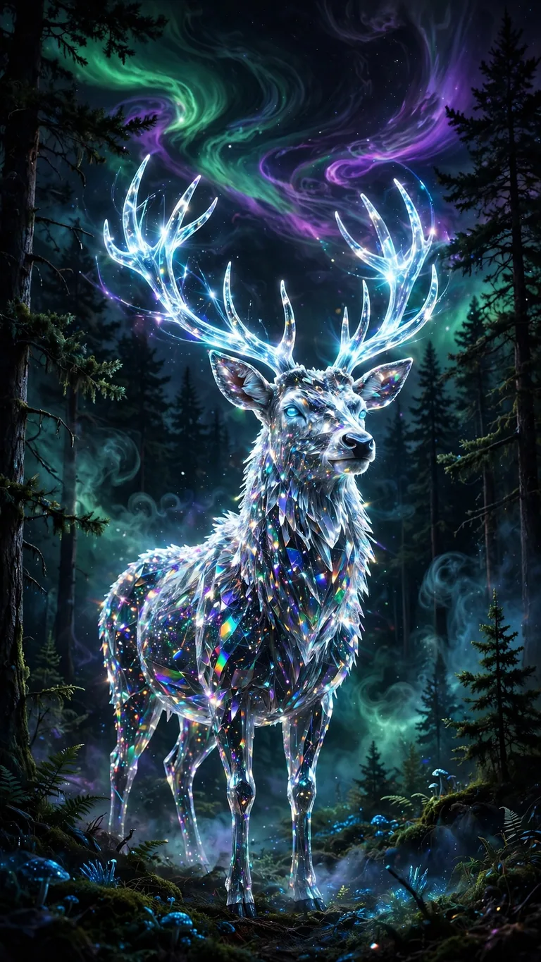 Crystal Stag Aurora - glowing crystal stag with luminous antlers under aurora borealis, AMOLED wallpaper