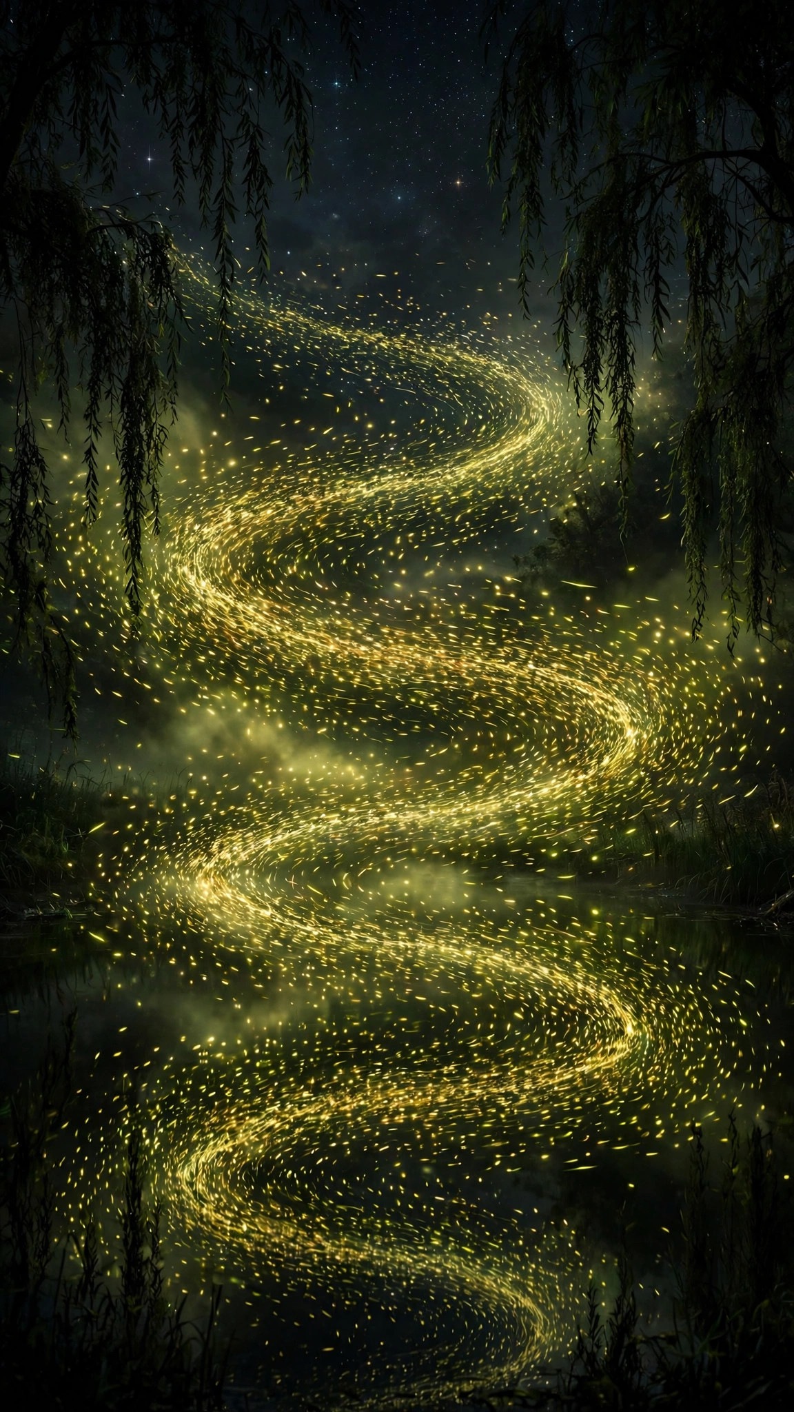 Firefly River Swarm - golden fireflies swirling over a dark river at night with reflections, AMOLED wallpaper