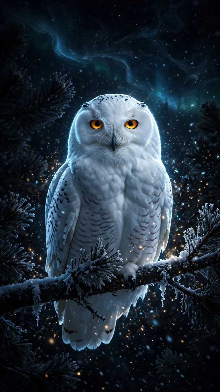 Snow Owl Midnight Glow - snow-white owl with glowing amber eyes on frosted branch under aurora, AMOLED wallpaper