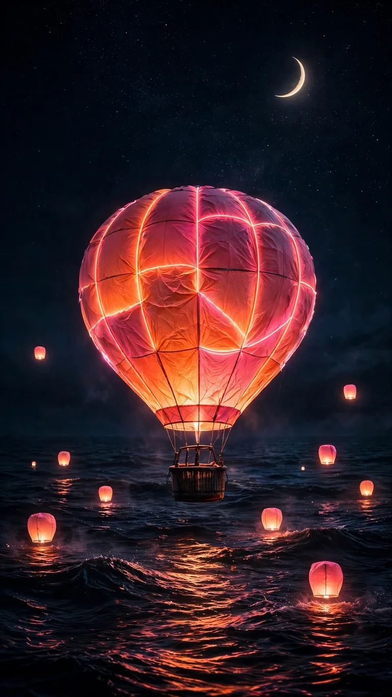 Neon Lantern Balloon - glowing lantern hot air balloon over dark midnight sea, AMOLED wallpaper