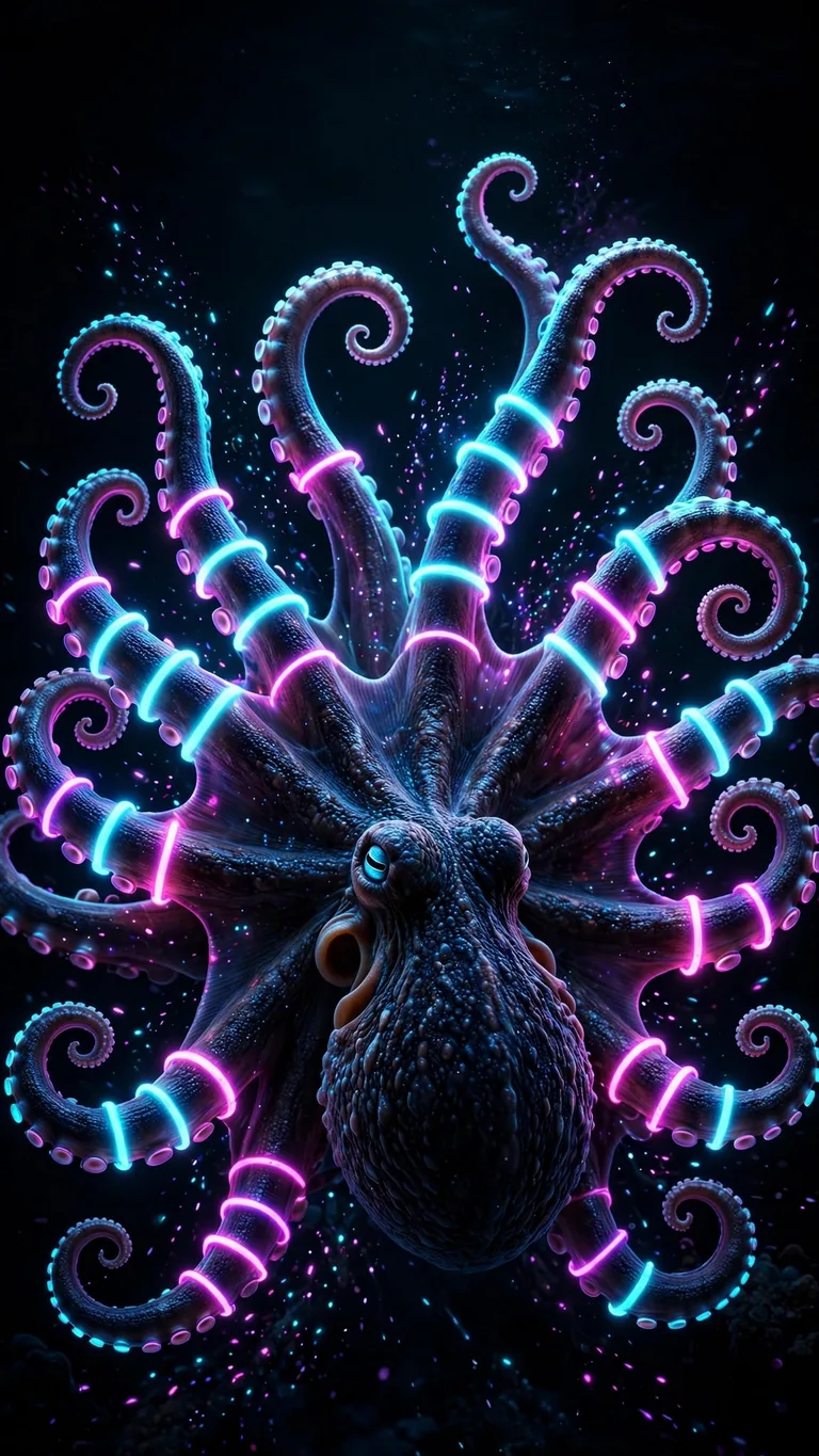 Neon Octopus Bloom - glowing cyan and magenta octopus tentacles in deep black ocean, AMOLED wallpaper