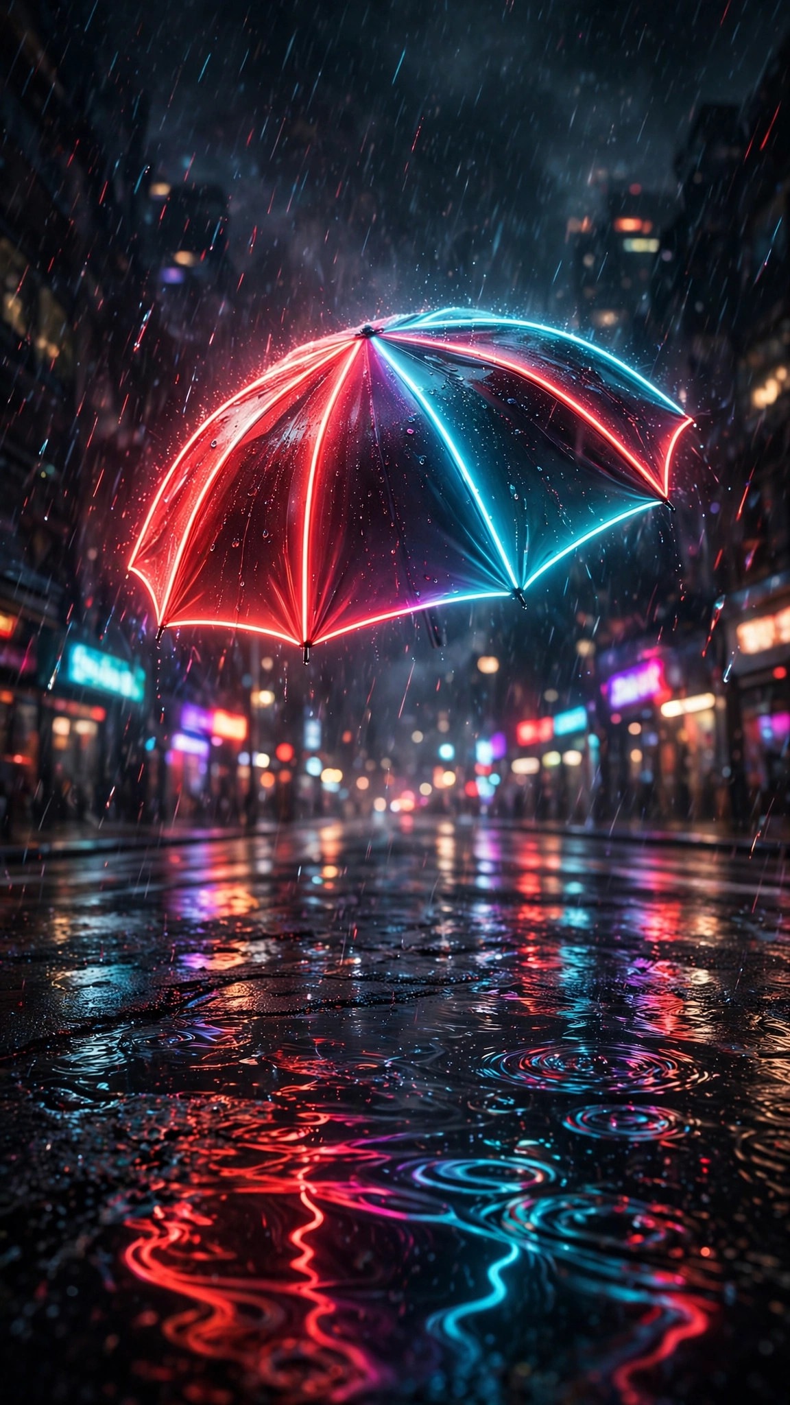 Neon Umbrella Rain - glowing neon umbrella over rain-soaked night street with reflections, AMOLED wallpaper