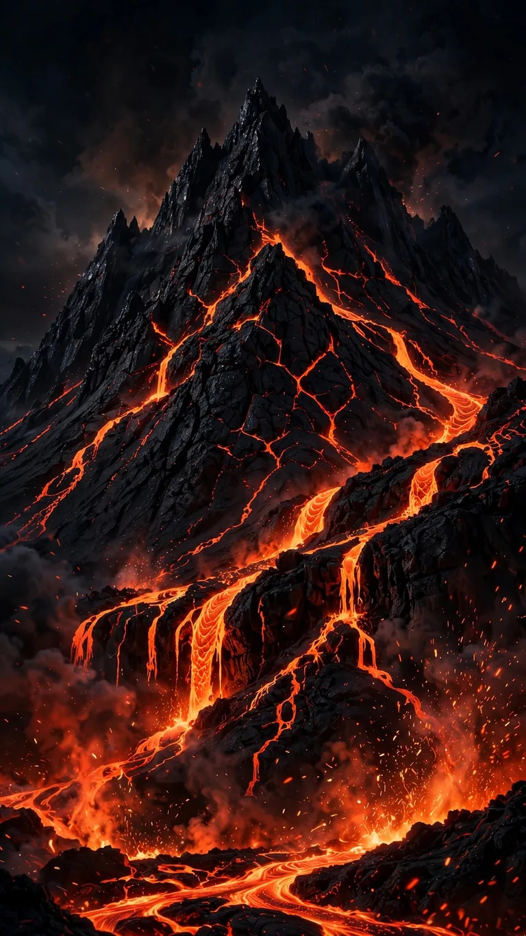 Obsidian Volcano - black volcano cracked with glowing orange lava veins at night, AMOLED wallpaper