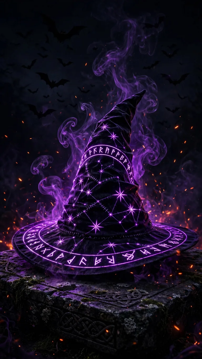 Witch Hat Neon Glow - purple glowing witch hat with runes and bats on Halloween night, AMOLED wallpaper