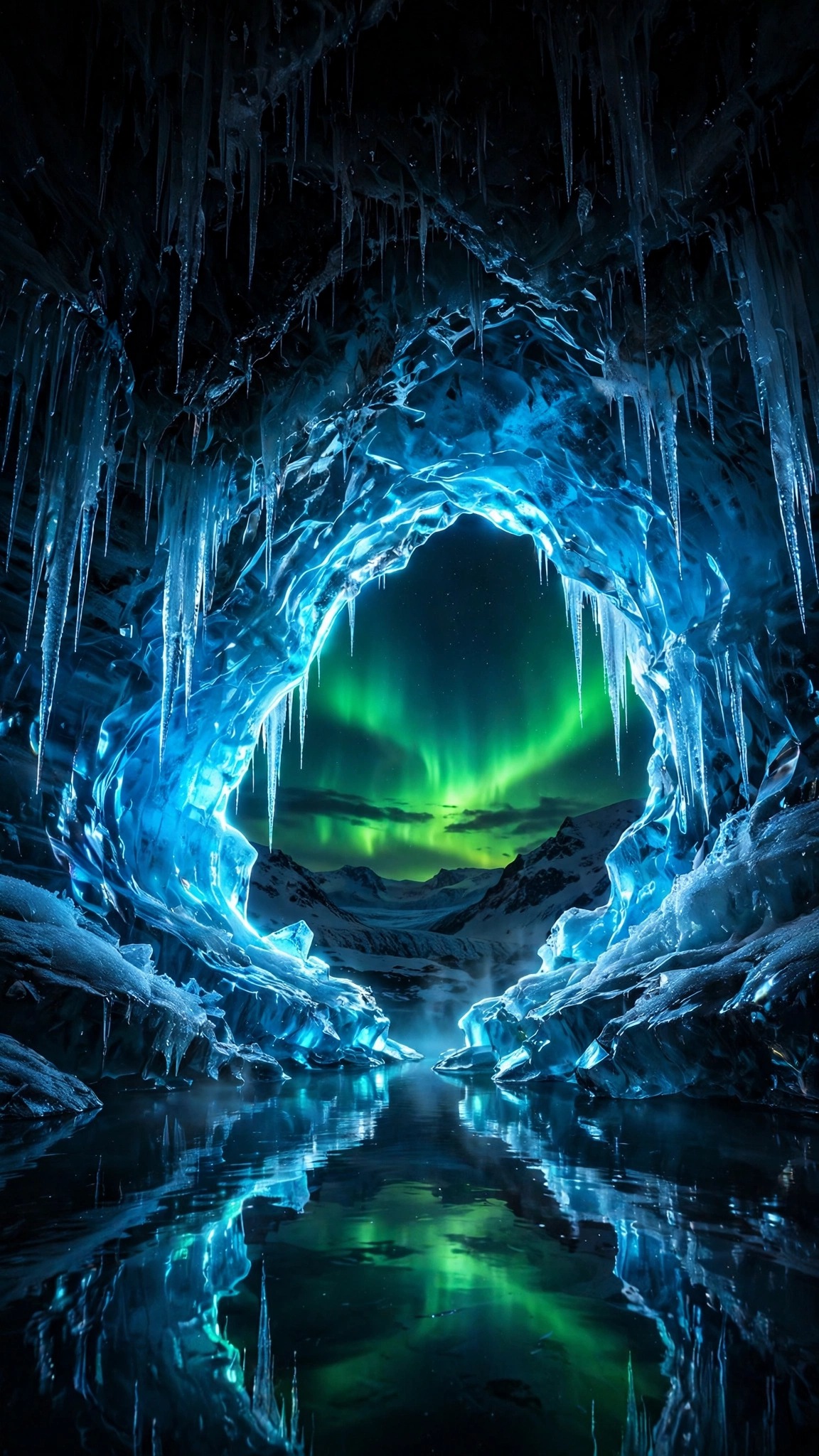 Glowing Glacier Cave Aurora - blue ice cave arch framing green aurora over dark pool, AMOLED wallpaper