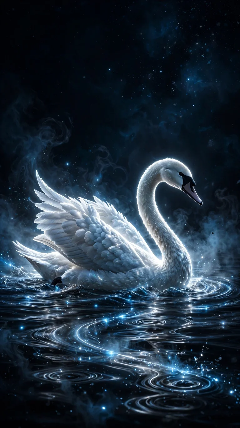 Glowing Swan Moonlit Lake - white swan gliding on black moonlit lake with glowing ripples, AMOLED wallpaper